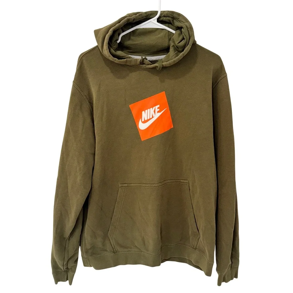 Nike Hoodie Mens Large Olive Green Orange Box Logo Pullover Gorpcore Streetwear